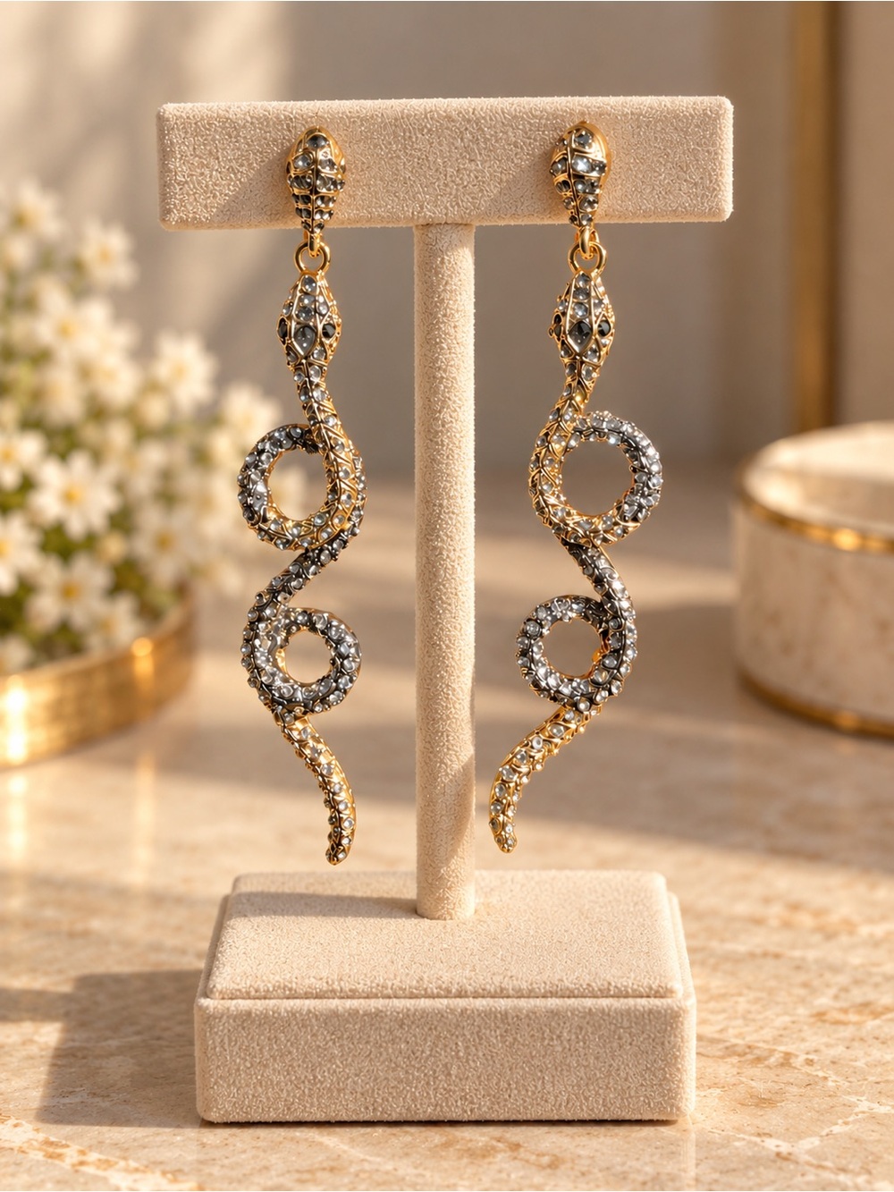 REVOLVE Gold Snake Drop Earrings with Black Crystals